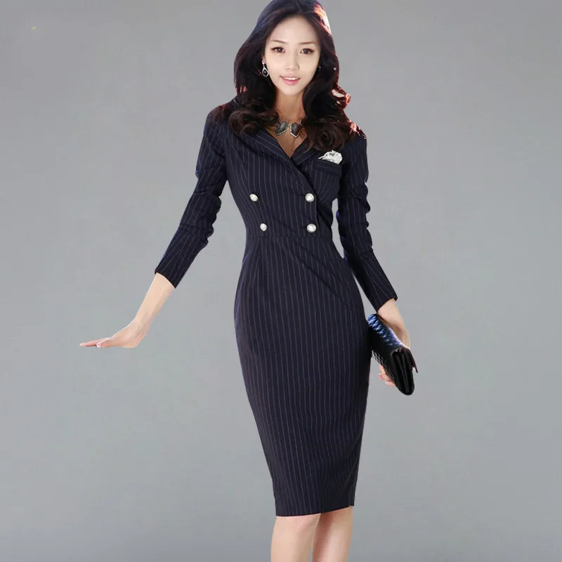 Женское двубортное платье в полоску Осеннее облегающее карандаш для работы