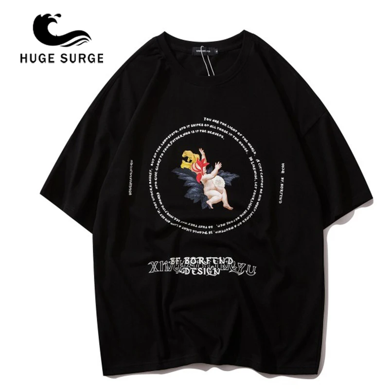 

HUGE SURGE Harajuku Graffiti Print Popular Logo Short Sleeve Tie For Men and Women Medium Sleeve And Half Sleeve T Shirt