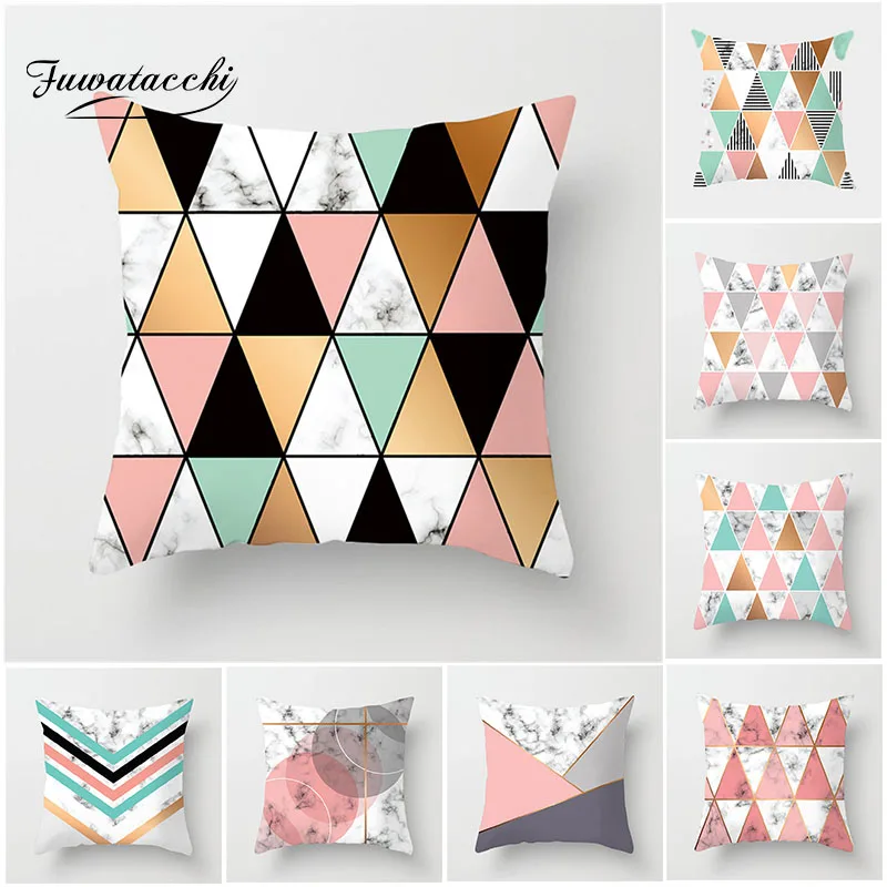 Чехол на подушки с геометрическим рисунком Fuwatacchi Мраморная розовая и наволочка в