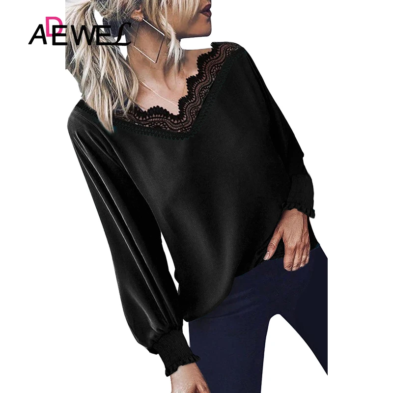 

ADEWEL 2020 V Neck Lace Patchwork Black Plus Size Woman Tshirts Ropa Mujer Solid Color Vintage Tops Clothes Kobiety Bluzki 2XL