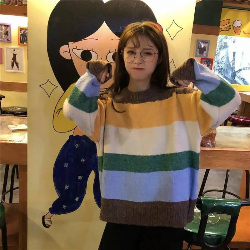 Свитер женский в полоску с радужной расцветкой осень 2019 | Женская одежда