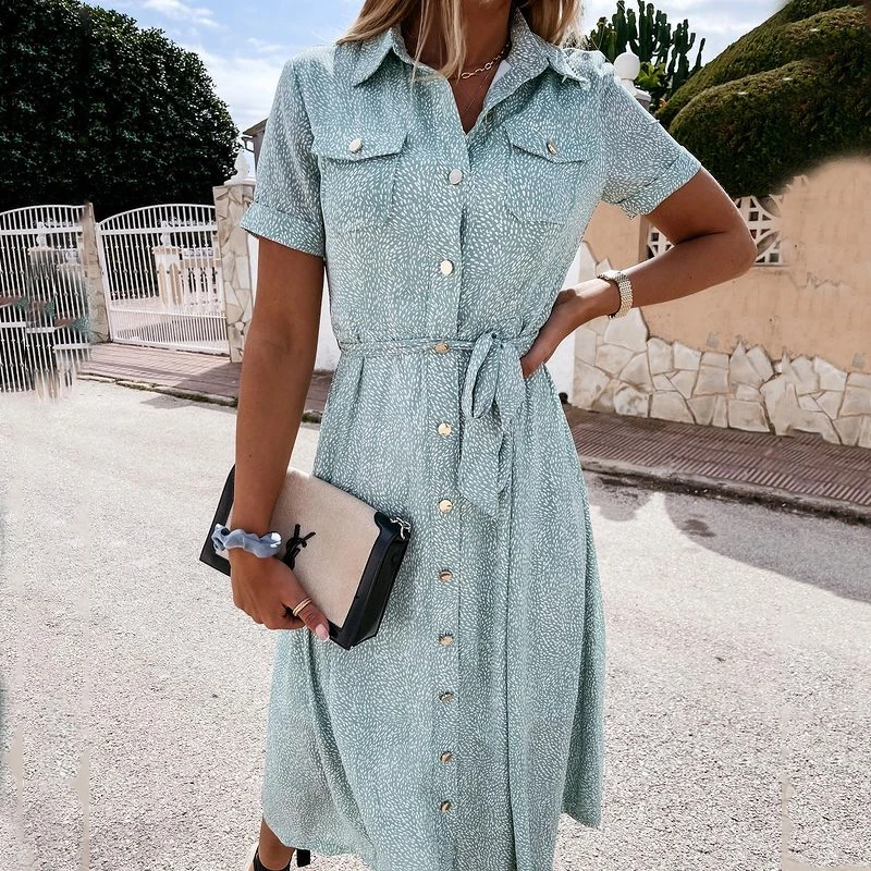 

Summer ladies casual printed single-breasted belt shirt dress 2021 fashion and elegant short-sleeved button beach dress