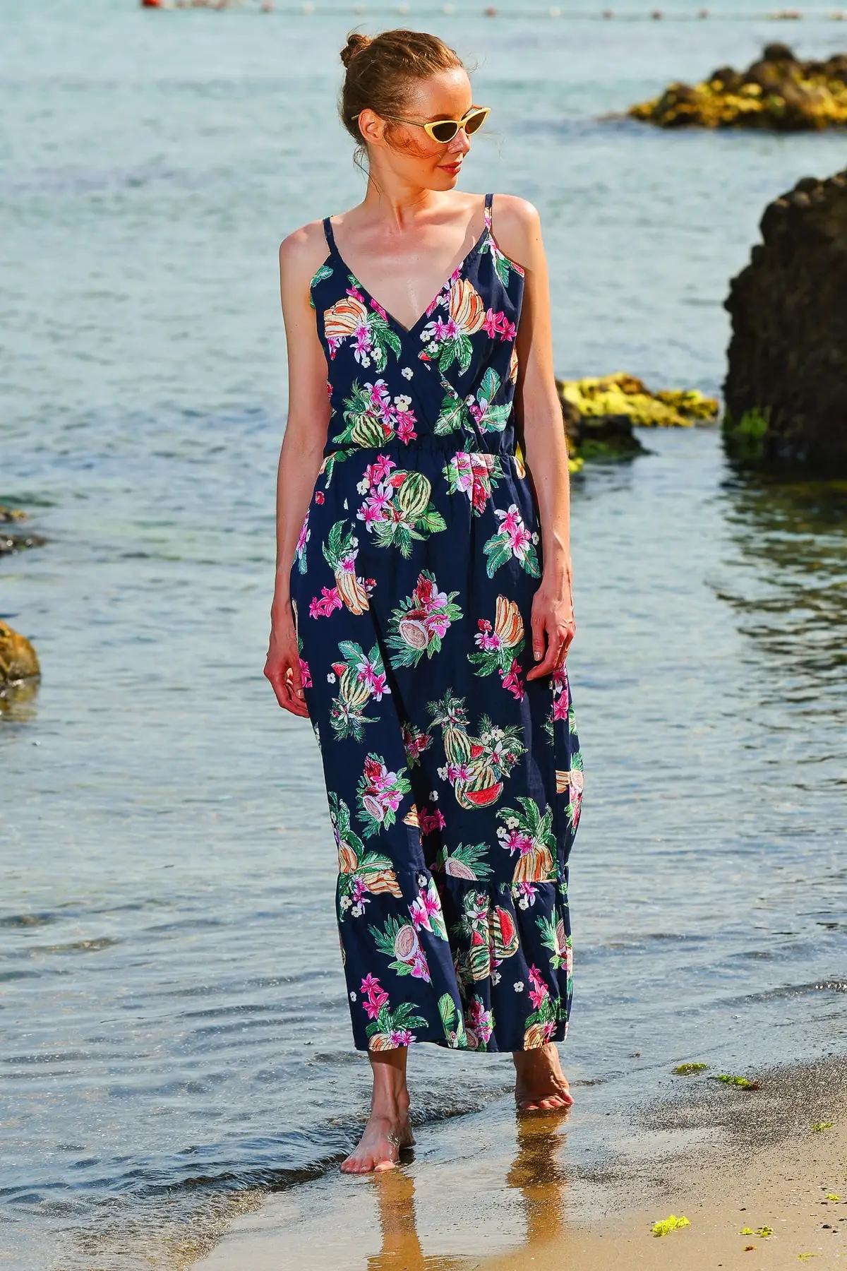 Тренд Alacati стиль женское темно синее Висячие веревки цветочный принт двубортное