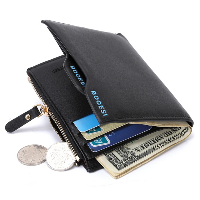

Bogesi Brand Men's Leather Wallet with Zipper Man Purse Removable Credit Card Holder Coin Pockets for Male