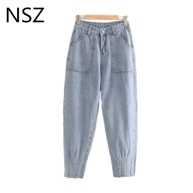 NSZ женские синие джинсовые брюки карандаш с высокой талией на молнии карманами