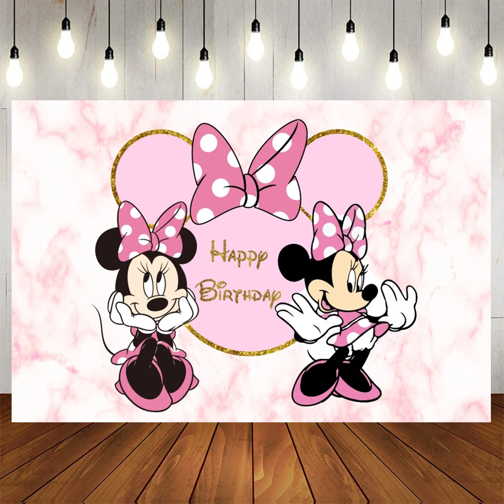 Fondo de vinilo de dibujos animados de Disney para fiesta de cumpleaños de niños, de Minnie Mouse telón de fondo, paño de pared, decoración de fiesta de cumpleaños