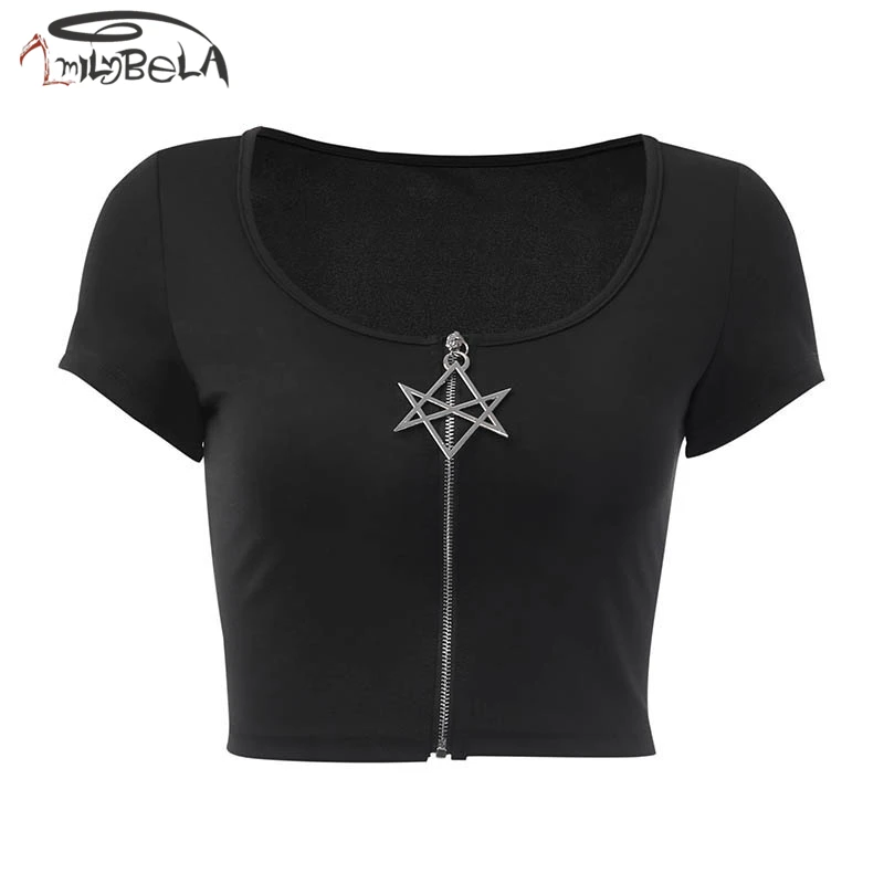 Imily Bela Готический короткий топ женская летняя футболка с коротким рукавом на