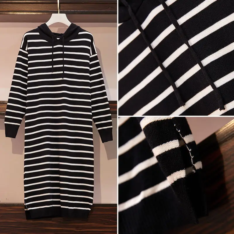 

Sweater knitted dress 2021 new women's spring and autumn long sleeve loose over the knee split contrast striped skirt