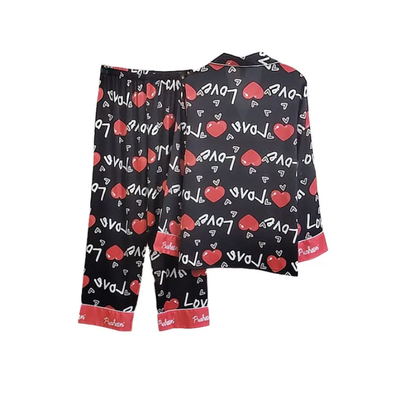 

Contrast Print Sweetheart Bride Wedding 2PCS Pajamas Sets Sexy Notched Pyjamas Sleepwear Nightwear Loose Women Home Sleep Suit