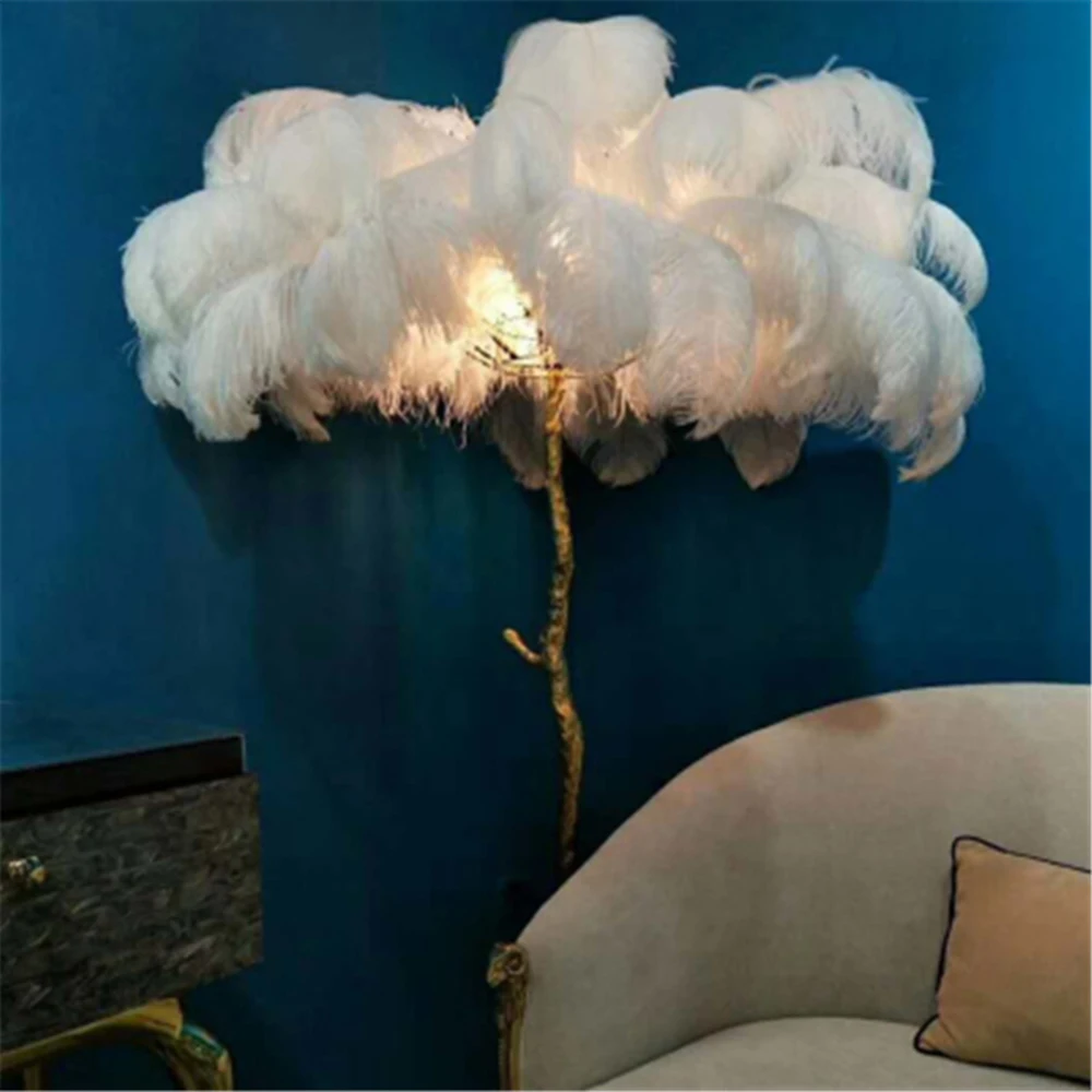 

Luxury Ostrich Feather Floor Lamp Nordic Decorat Household Copper Vertical Bedroom Bedside Lamp Living Room Interior Lighting