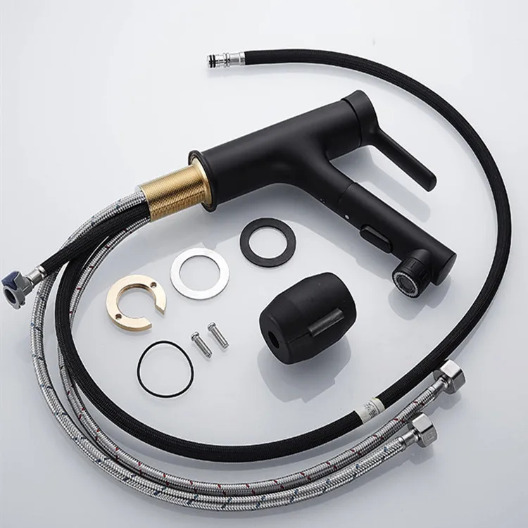 

Black Brass Pullout Bathroom Faucet Kitchen Sink Mixer Deck Mount Bathroom Basin Water Faucet Hot and Cold Bathroom Faucet