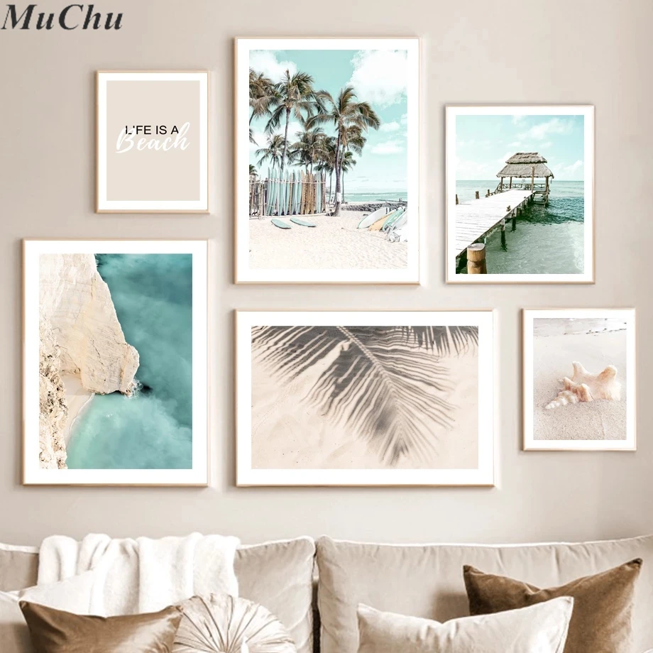 Coconut Palm Surfboard Sailboat Beach Shell Art Canvas Painting Nordic Posters And Prints Wall Pictures Living Room Home Decor | Дом и сад