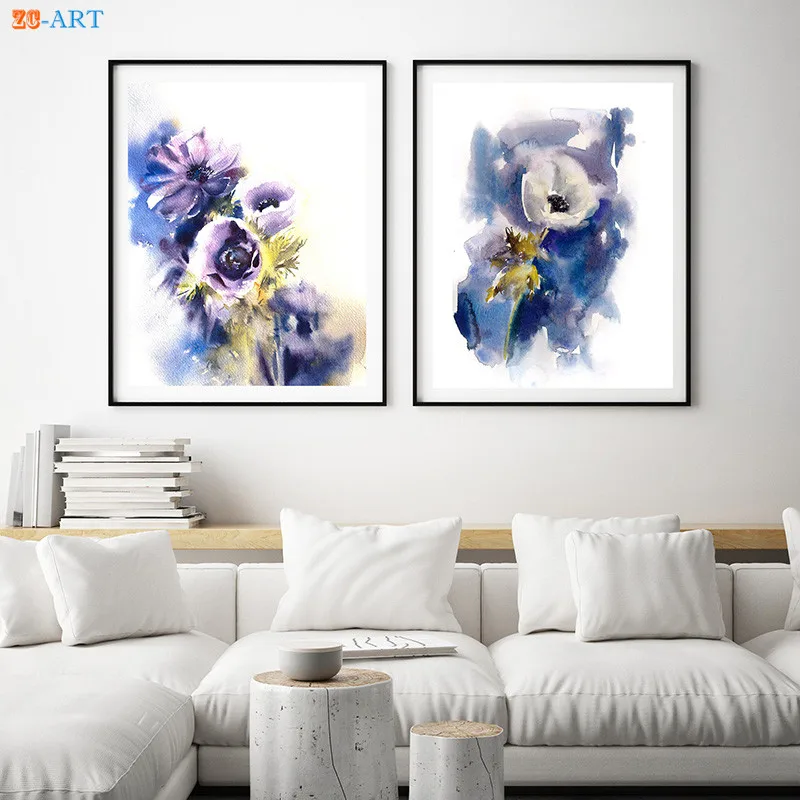 Anemones белая фиолетовая синяя Цветочная печать абстрактная ботаническая стена
