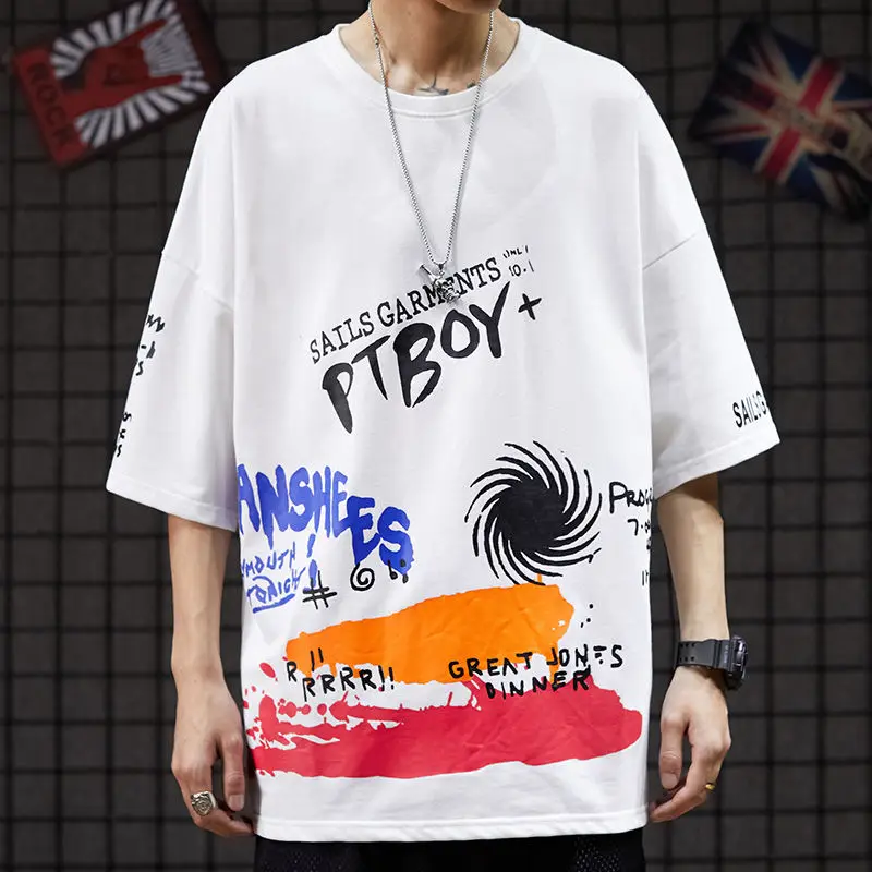 Футболка мужская оверсайз в стиле хип-хоп с рукавом до локтя | Мужская одежда