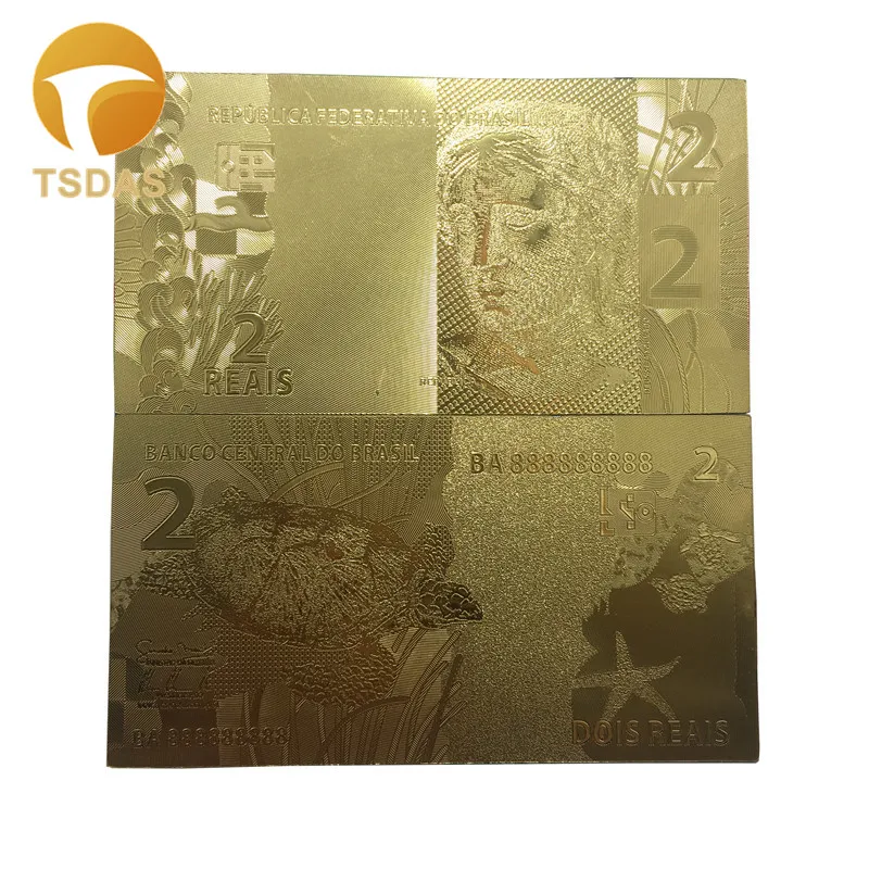 Бразильские Новые 2 Reals 24k позолоченные Luckly Золотые Фольга банкноты поддельные