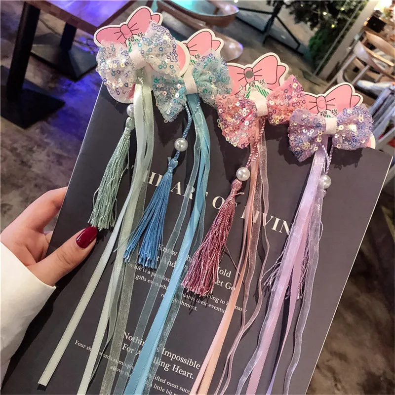 Children Ribbon Bow Hairpins Cute Glitter Princess Hair Clips Hair Accessories For Girls Barrette Party Headwear Birthday Gift