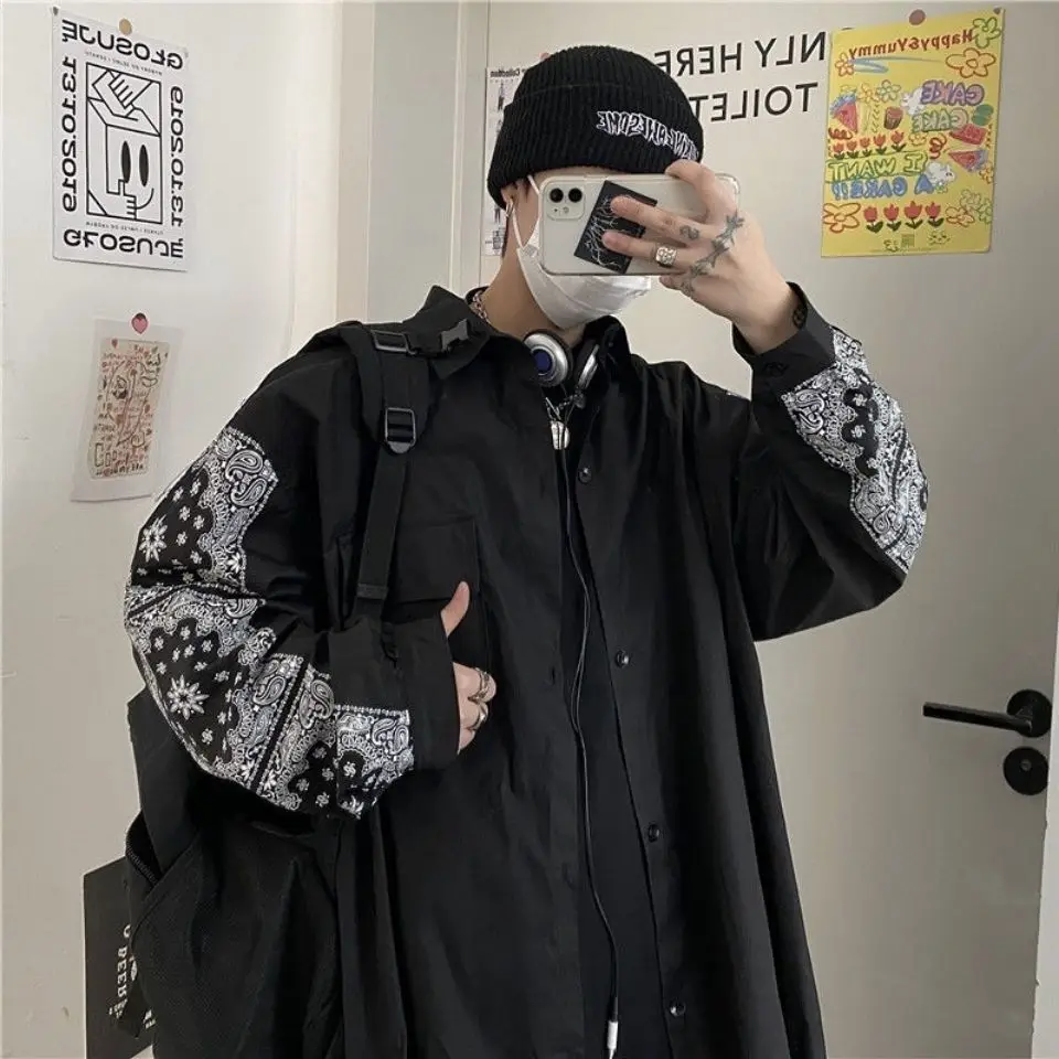 

2021 spring new shirt men's and women's spliced cashew flower loose wind casual long sleeve shirt women's tide