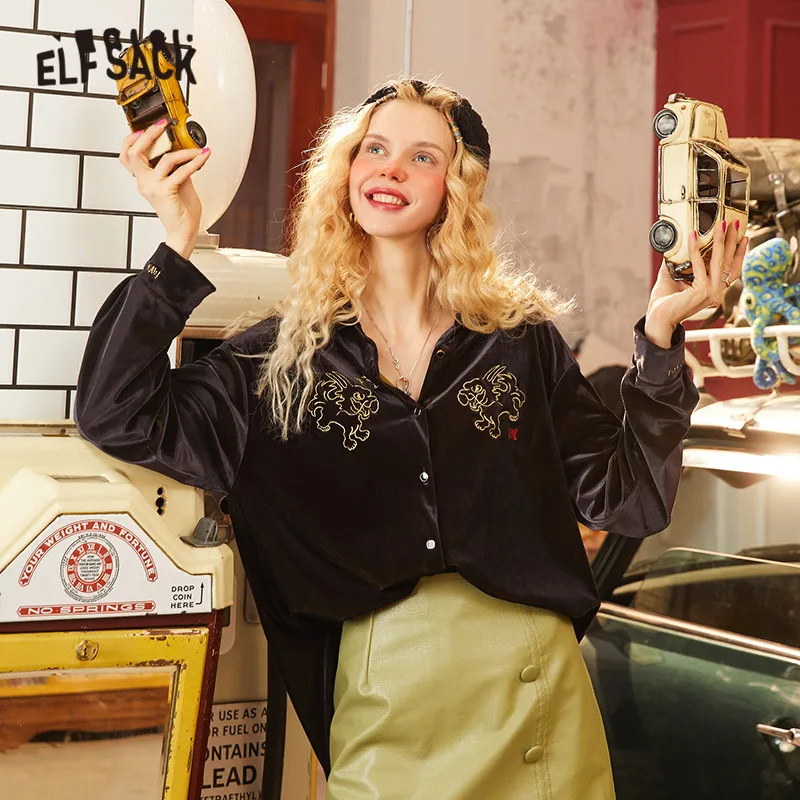 ELFSACK черный единорог вышивка китайский стиль бархатная блузка для женщин 2020