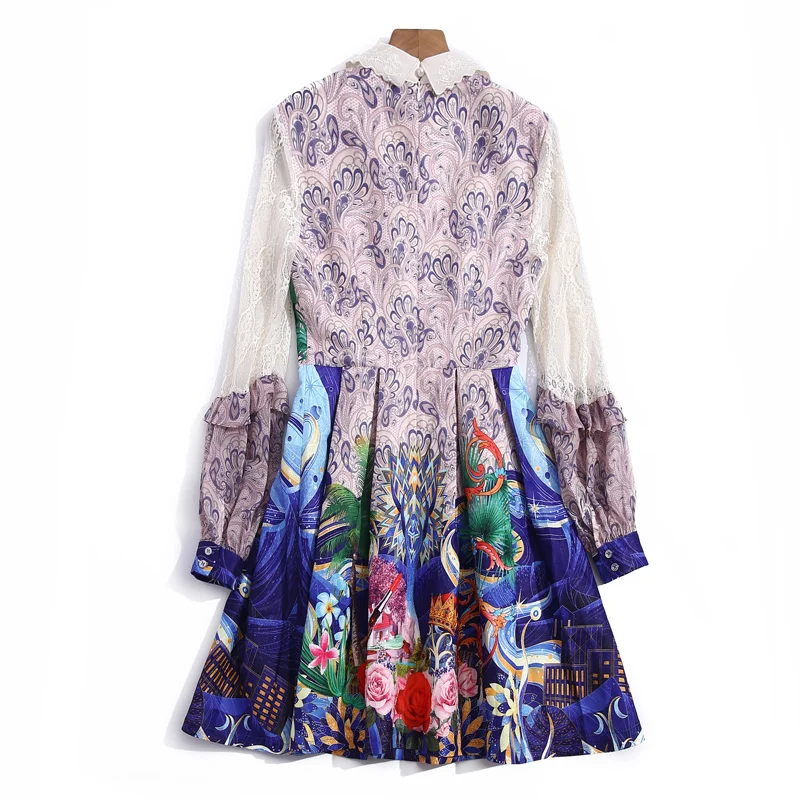 

Fashion Design Spring New Women'S Lantern Sleeve Lapel Beading Lace Patchwork Vintage Cartoon Print Party Elegant Mini Dress