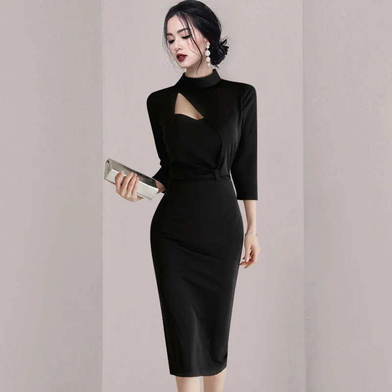 

2021 Autumn and Winter New Korean Style Fashionable Elegant Skimming Small Black Dress Stand Collar Design