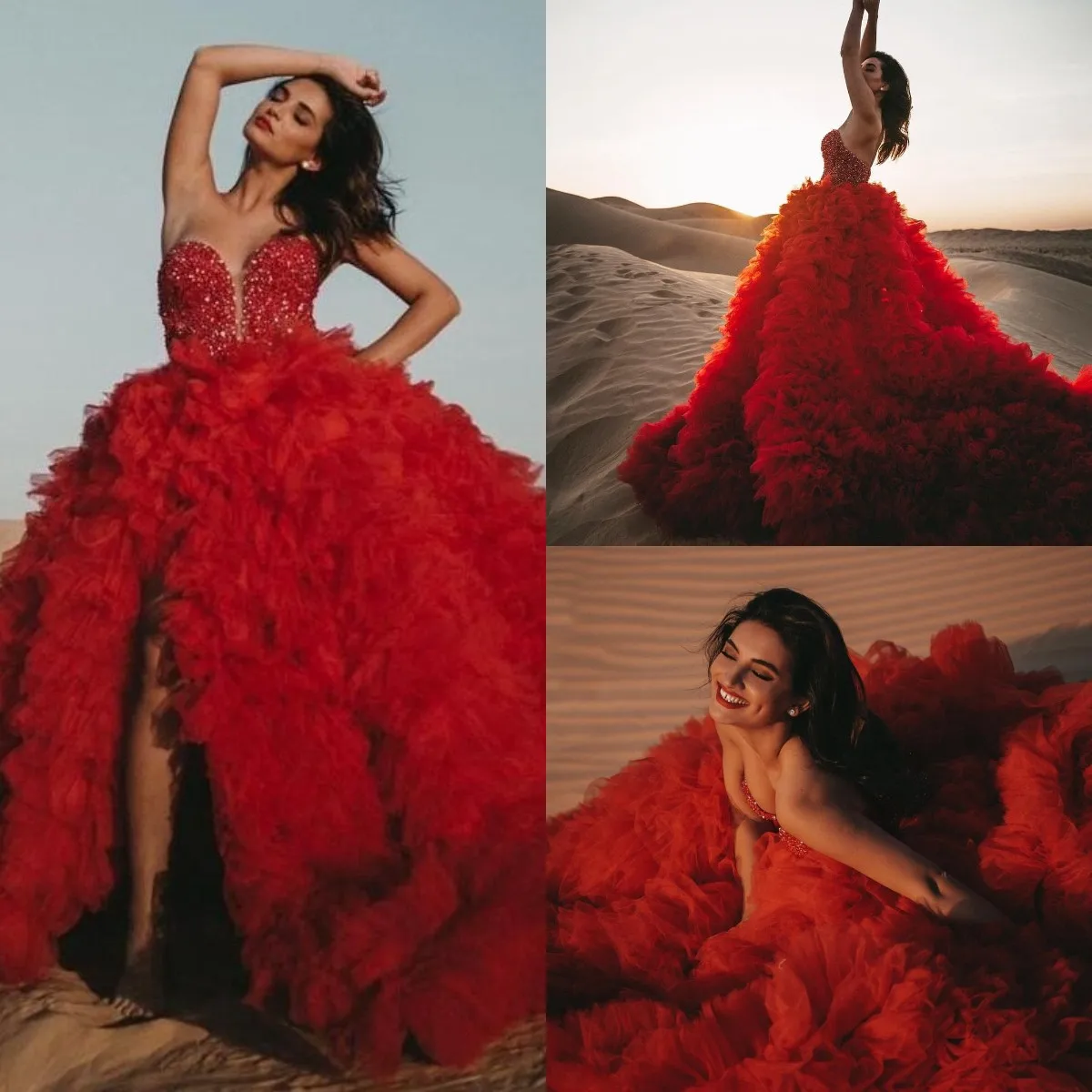

Luxury Red High Side Split Prom Dresses Tiered Skirts Sequined Beaded Evening Dress Plus Size Party Wear Custom Made