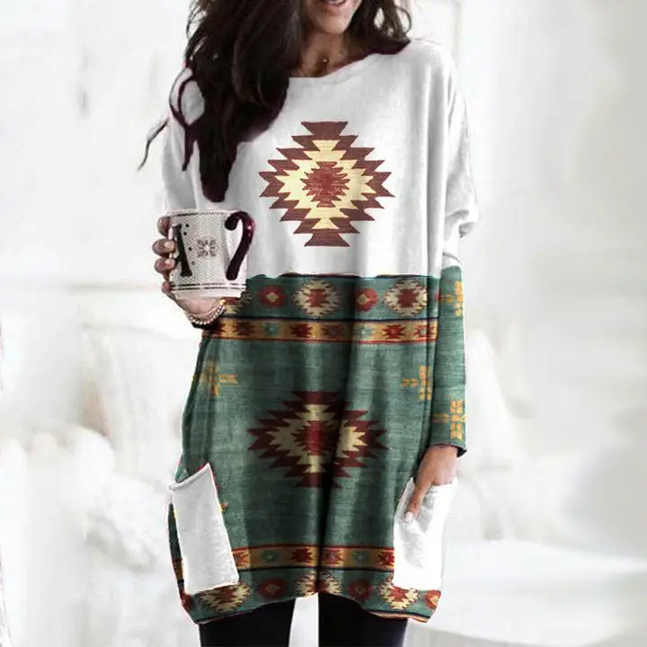 

2021 New Women's Spring and Summer Fashion All-match Western Ethnic Style Geometric Printing Long-sleeved V-neck T-shirt SY006