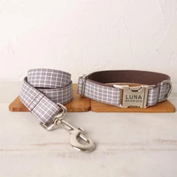 personalized dog collar custom pet collar free engraving id name tag pet accessory brown white plaid puppy collar leash set