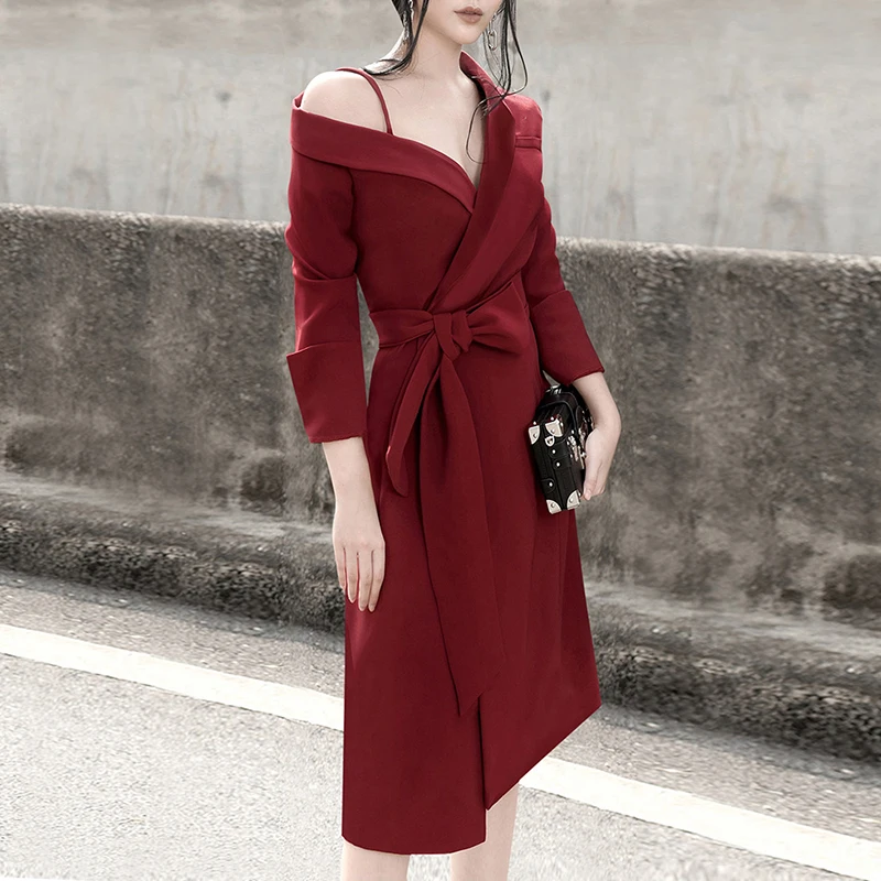 Женское асимметричное платье макси Spri красное офисное миди с длинными рукавами и