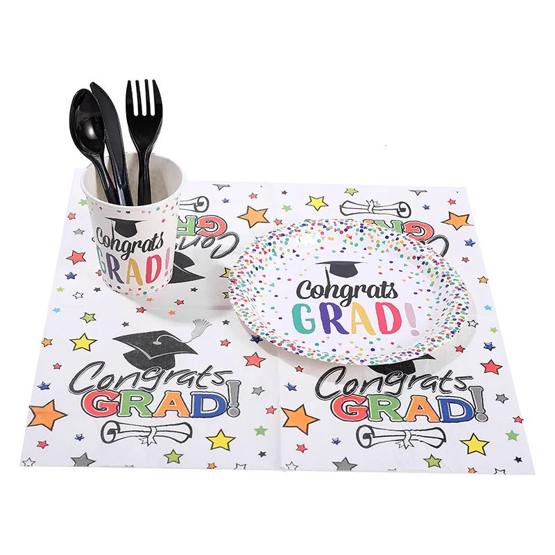 

Congrats Grad Theme Party Decoration Disposable Tableware Paper Cup Plate Napkins Pennant Fork Student Graduation Party Supplies