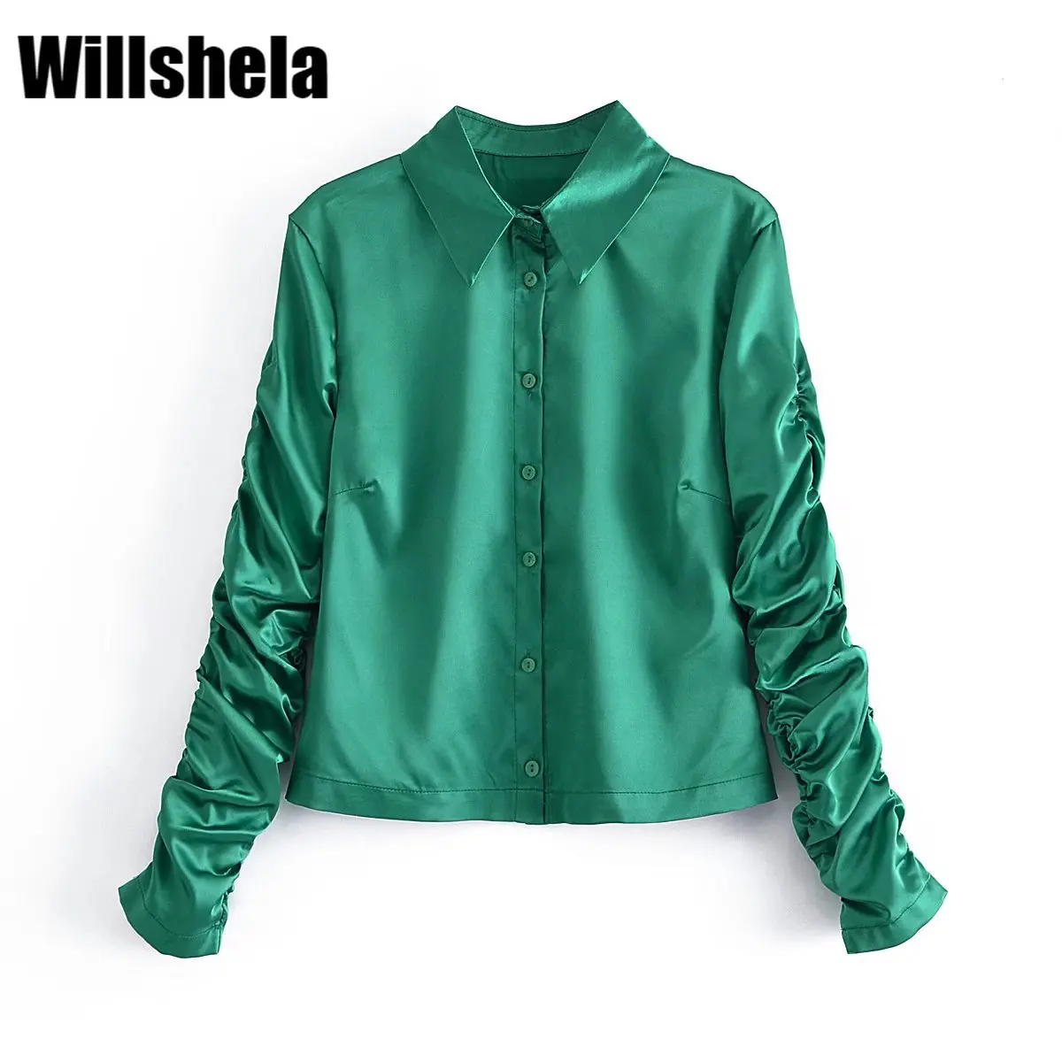 

Willshela Женская модная однотонная однобортная блузка в винтажном стиле с длинным рукавом и отворотом, женские рубашки, шикарные топы