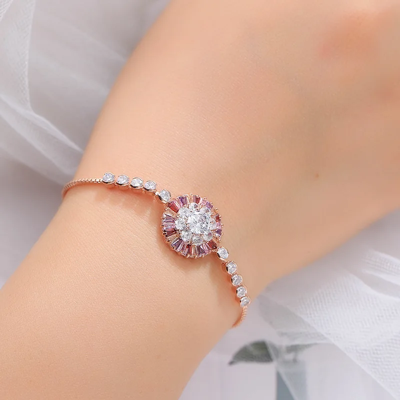 

Luxury Female Crystal Round Bracelet Rose Gold Silver Color Bracelets For Women Cute Rainbow Zircon Stone Party Chain Bracelet