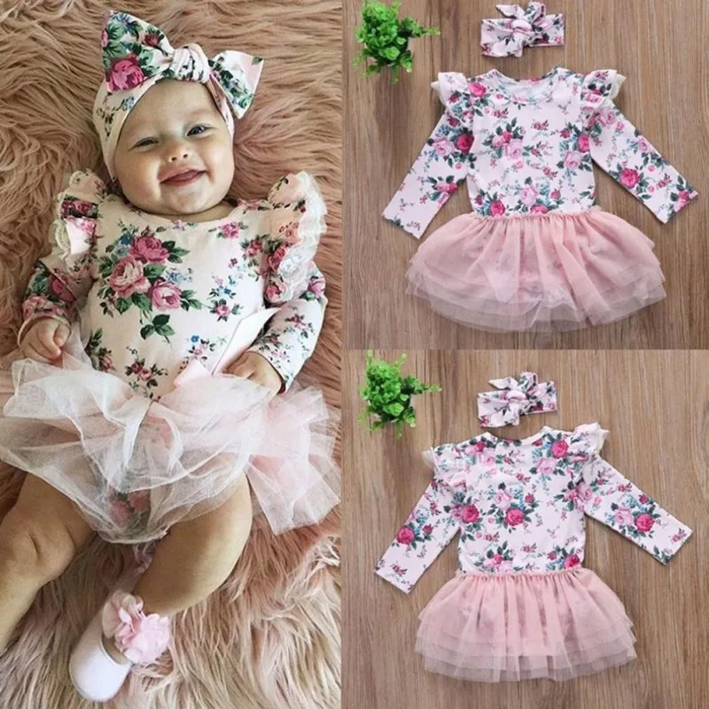 

Long Sleeve Baby Girls Rompers Floral Print Infant Girls Dress Lace Design Mesh Dress With Headband Baby Clothes 2019