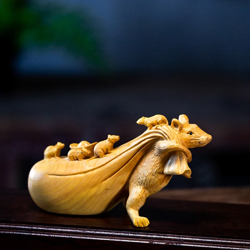 

Boxwood 13CM Mouse Sculpture Money Rat Wood Animal Statue Rich Chinese Zodiac Home Decor