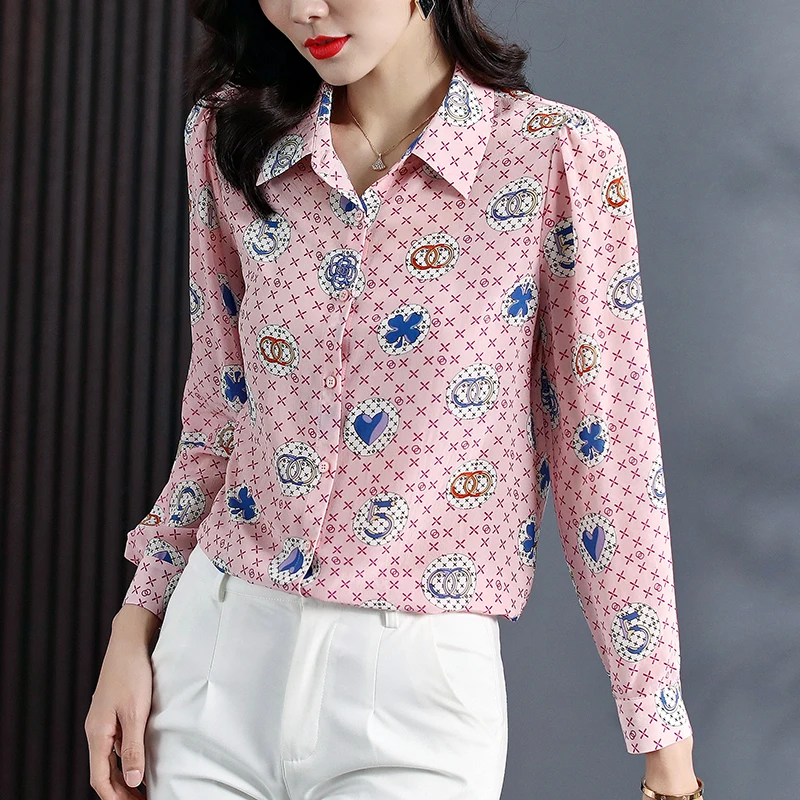 100% Natural Silk Women Printed Shirt Elegant Turn-down Collar Long Sleeve Casual Shirts Pure Real Silk Office Lady Pink Blouse