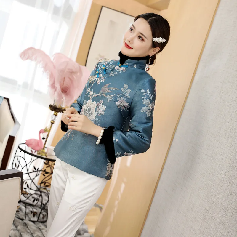 

H.RONG.X New Winter Tang Retro Cheongsam Coat Traditional Chinese Elegant Blue Qipao Jacket Cotton AutumnFall Orient ChipaoTops