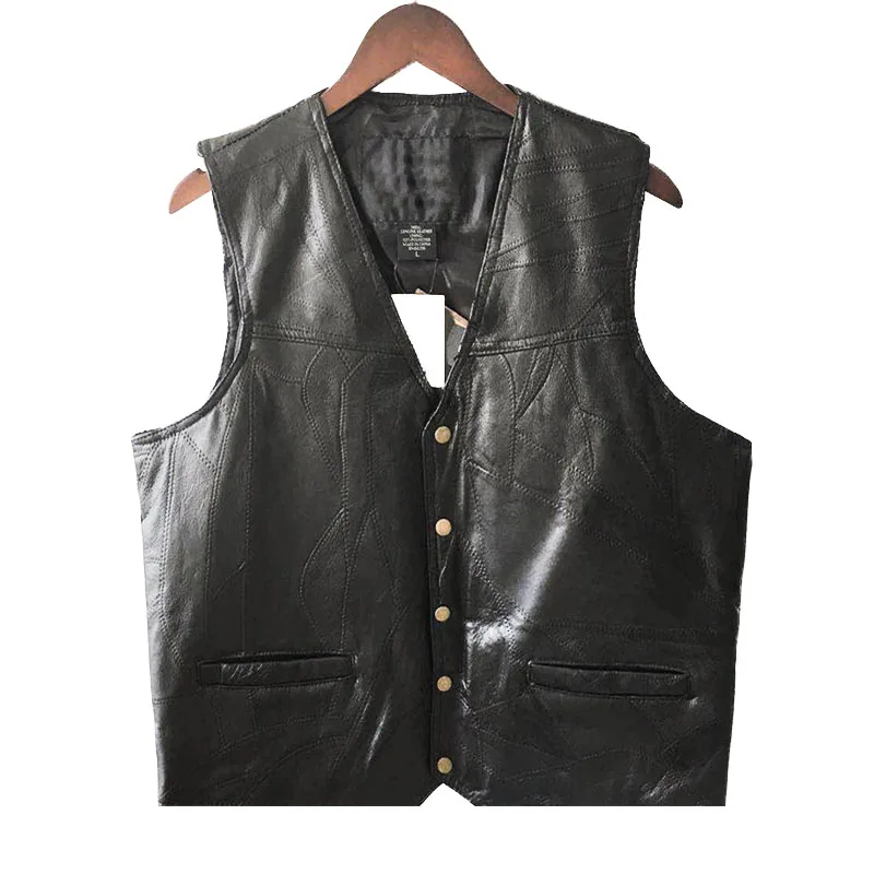 Мужская кожаная куртка черная свободная мотоциклетная безрукавка с карманом в