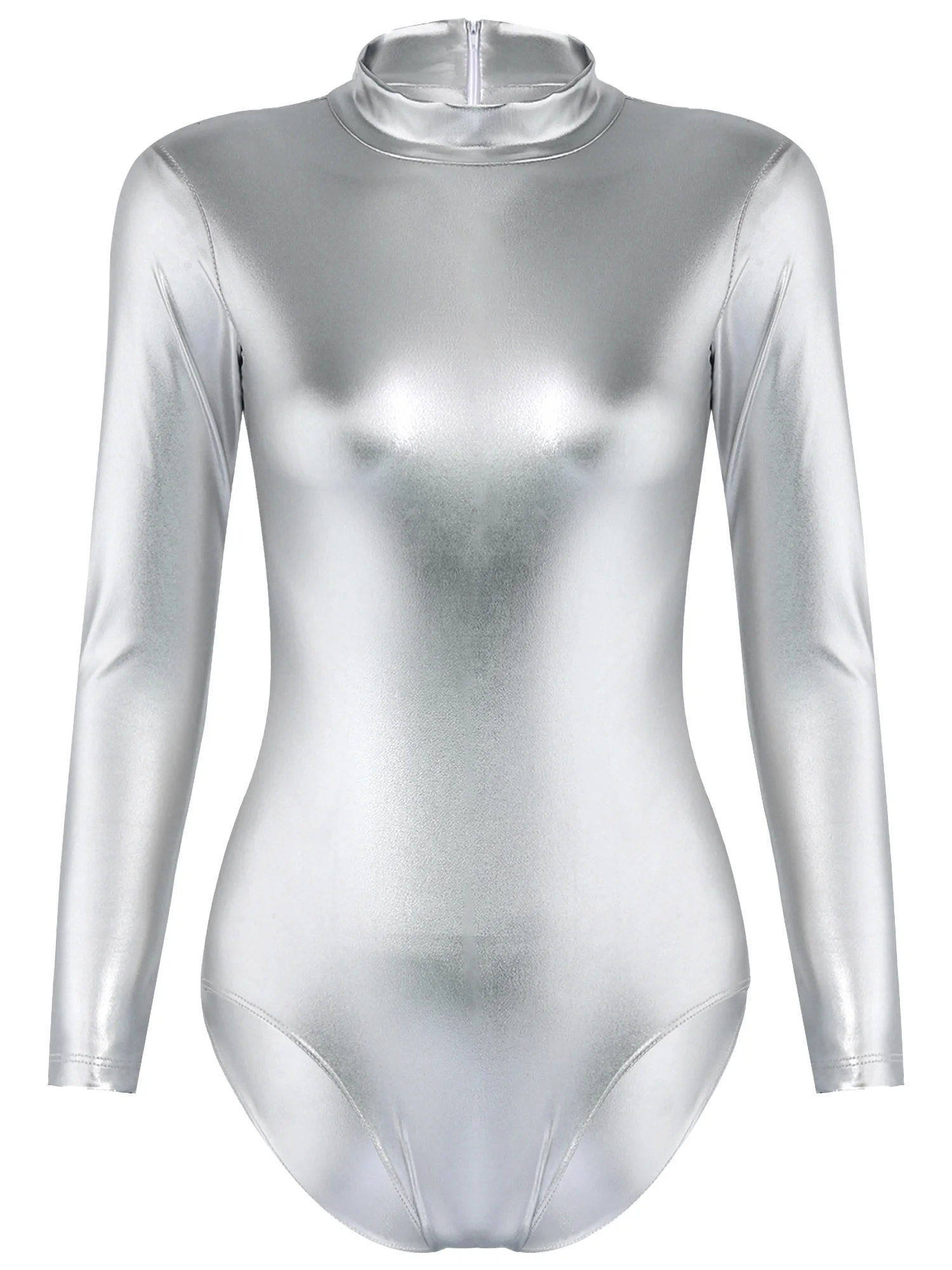 

Women Mock Neck Zipper Back Solid Color Bodysuit Metallic Long Sleeve Gymnastic Leotard Ballet Dance Costume