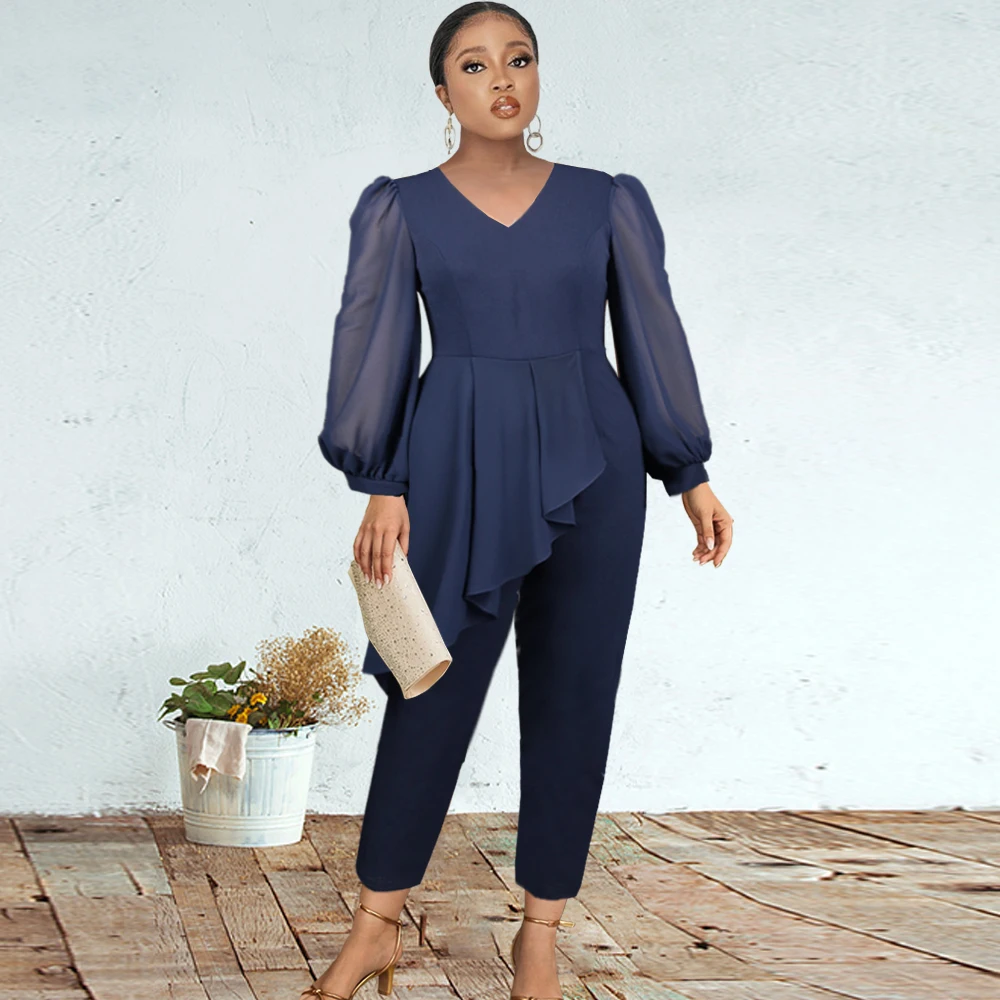 

Women Navy Blue Party Jumpsuits Elegant V Neck Long Lantern Sleeve Peplum Ruffles Romper Big Size Occasion Event Overalls 2022