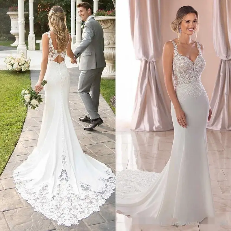 2022 Abiti Da Sposa Da Spiaggia Spalline Sirena Pizzo Applique Sweep Train Backless Abiti Da Sposa Su Misura Abiti Da Sposa