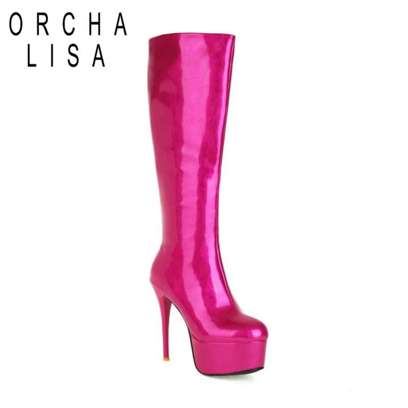 

ORCHALISA Classics Platform Women High Heel Boots Patent Leather Zipper Round Toe Plush Punk Style Knee length Female Cool F1523