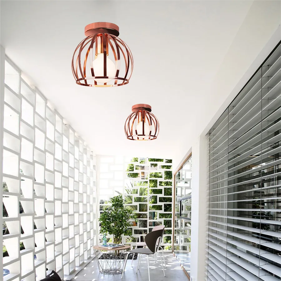 $14.25 Nordic Modern Rose Gold Ceiling Lamp Shade Metal Iron Cage Ceiling Lights Kitchen Island Bedroom Aisle Porch E27 Household Light