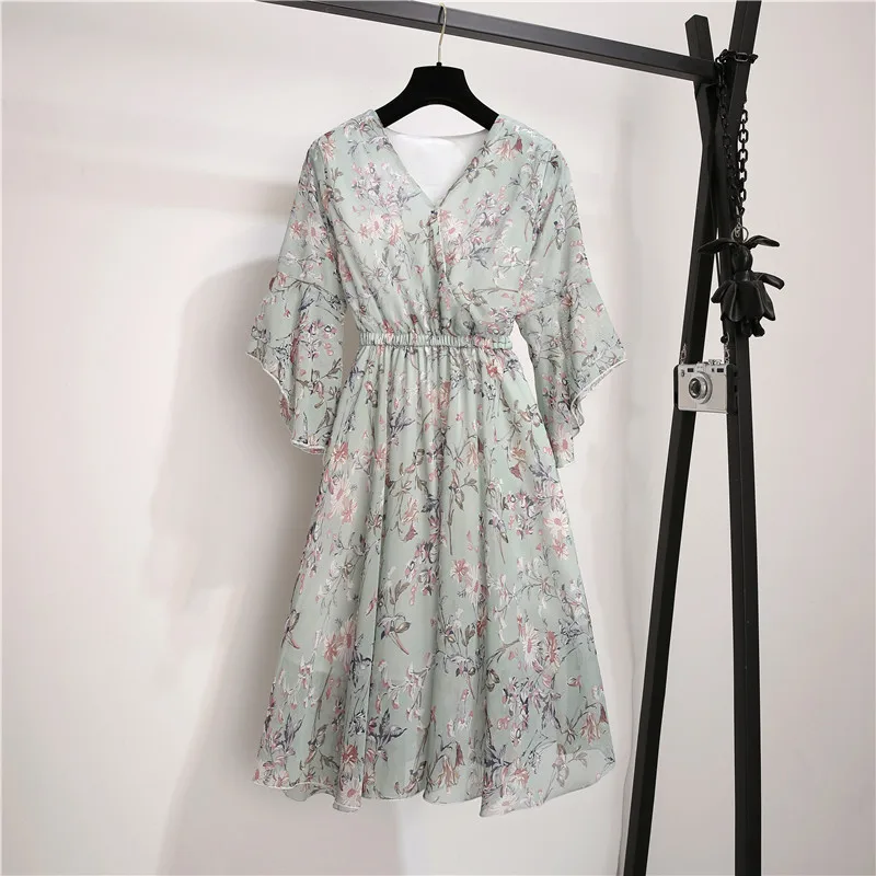 Платье из шифона с цветочным принтом летней моды 2019 года с V-образным вырезом, короткими рукавами расклешенной формы для женщин в офисном стиле, стройное и элегантное, с подкладкой.