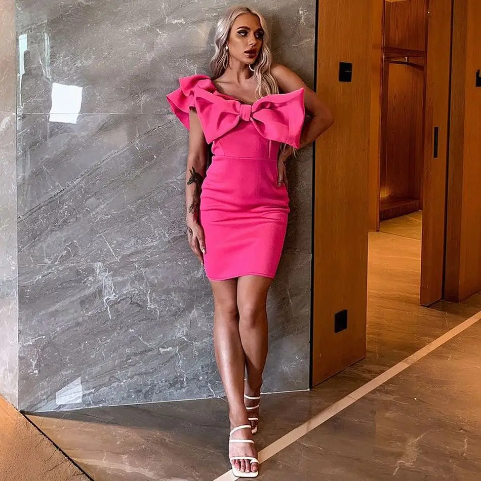 

2020 New Summer Women Fashion Sexy One Shoulder Ruffle Dress Sleeveless Bow Mini Dress Celebrity Runway Party Dress Vestidos