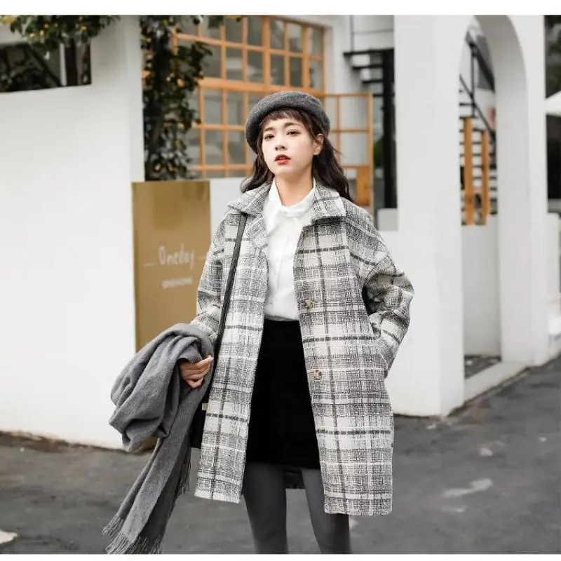 Женское винтажное шерстяное пальто в клетку повседневное свободное однобортное