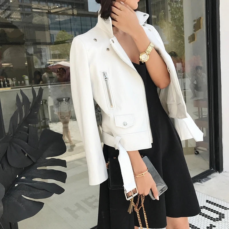 

Lautaro Spring short black white leather motorcycle jacket women long sleeve Plus size faux leather biker jacket women 6xl 7xl