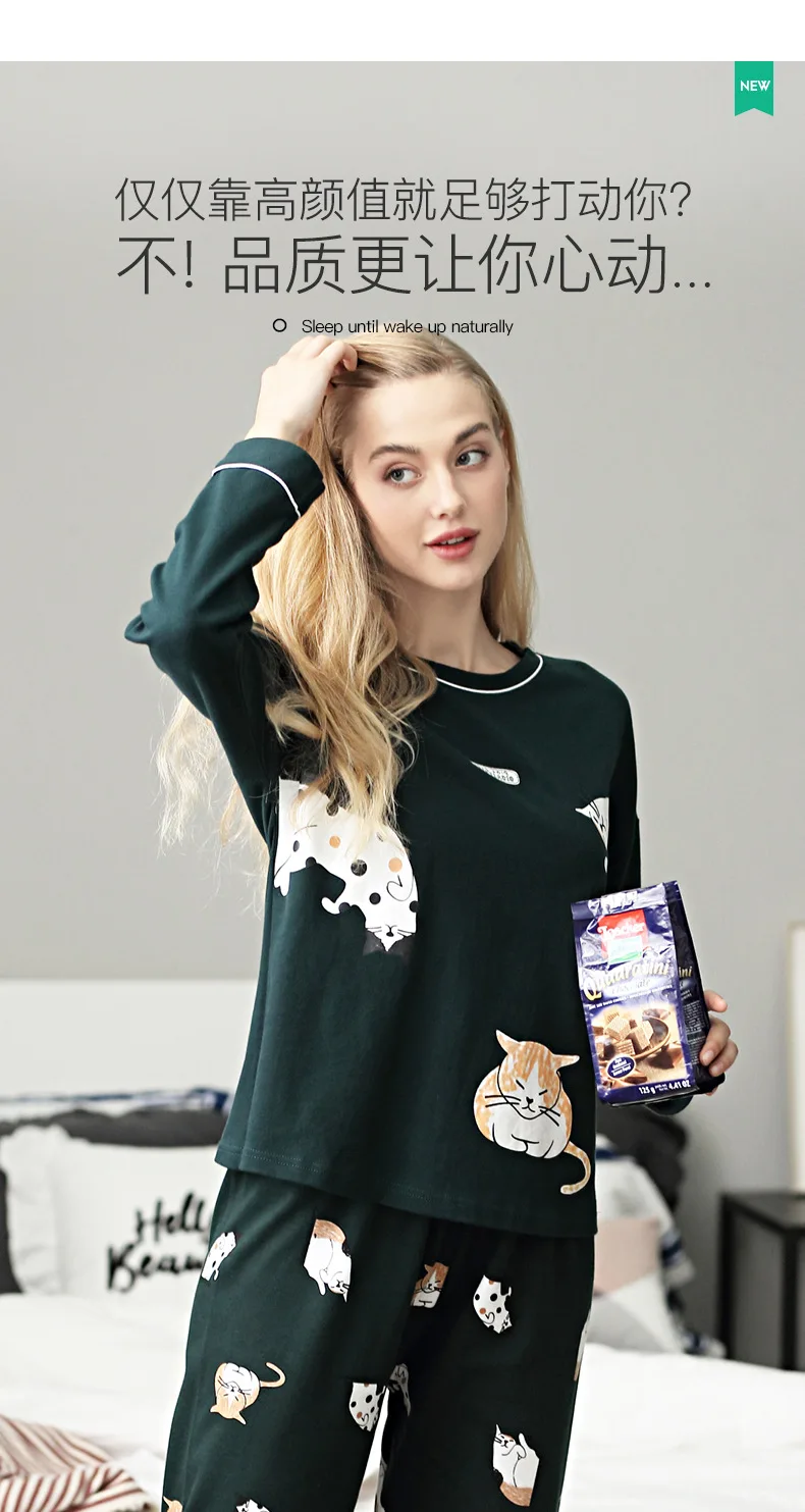 Пижамы женские осень зима корейский мультфильм Милая Домашняя одежда Свободный Плюс Размер хлопок очаровательный костюмчик кошка Женская одежда сна пижамы