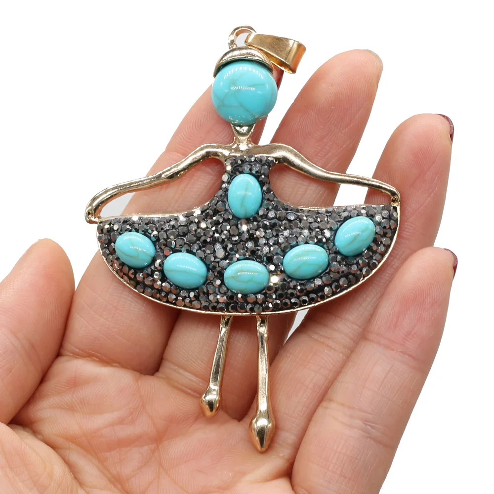 

Cute Girl Metal Alloy Pendant Shiny Artificial Diamonds Pearl Shell Blue Turquoises Stone Charm for Jewelry Making Necklace Deco