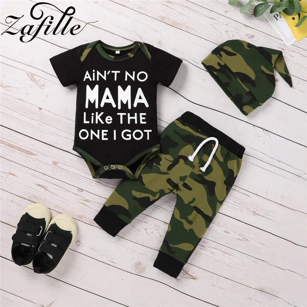 

ZAFILLE Baby Boy Clothes Set Summer Camouflage Letter Bodysuit +Pants+Hats Newborn Boy Outfits Summer Costume For Babies