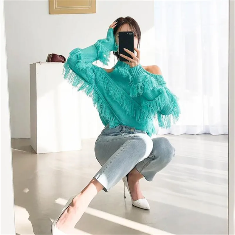 

Cold Shoulder Tassel Sweater Women Turtleneck Knitted Pullovers Sexy Long Sleeve Autumn Jumpers Korean Loose Vintage New B675