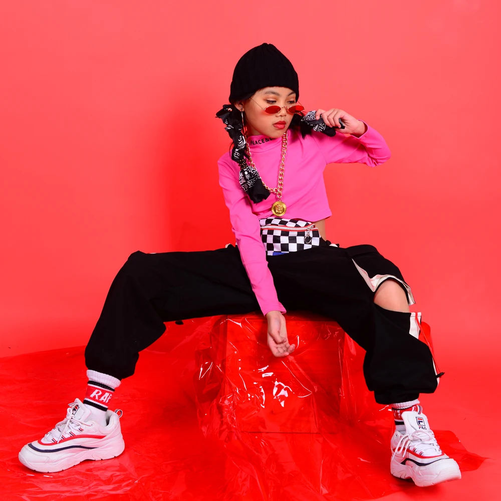 Танцевальные костюмы в стиле хип хоп для девочек розовые и зеленые топы штаны